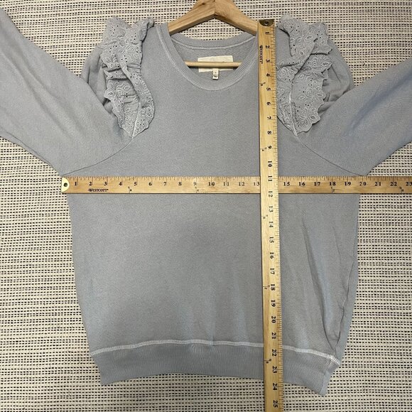 THE GREAT. Eyelet Pleat Sleeve Ruffle Sweatshirt Prairie Floral Blue Size 0 - Picture 6 of 6